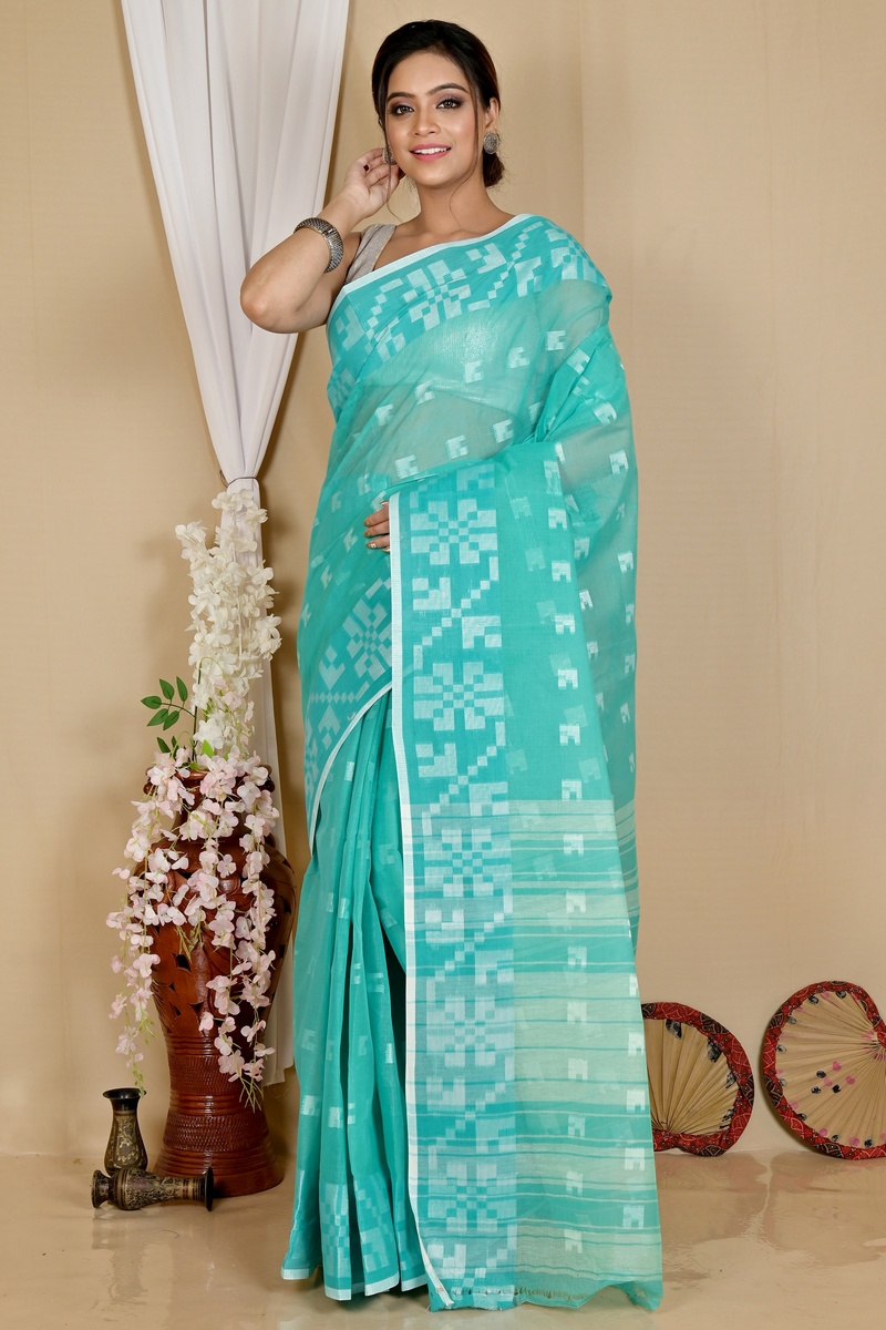 See Blue Pure Cotton Aptuk Tant Saree (1647)