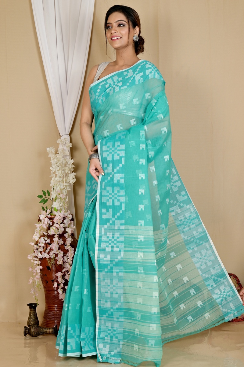See Blue Pure Cotton Aptuk Tant Saree (1647)