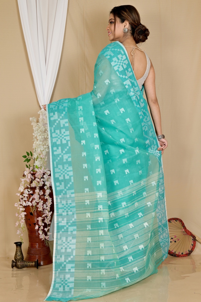 See Blue Pure Cotton Aptuk Tant Saree (1647)
