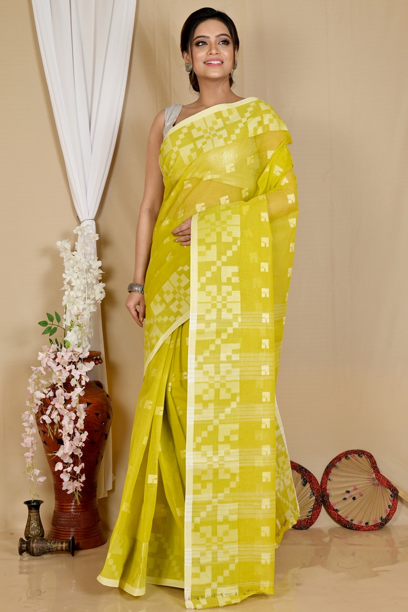 Light Green Pure Cotton Aptuk Tant Saree (1648)