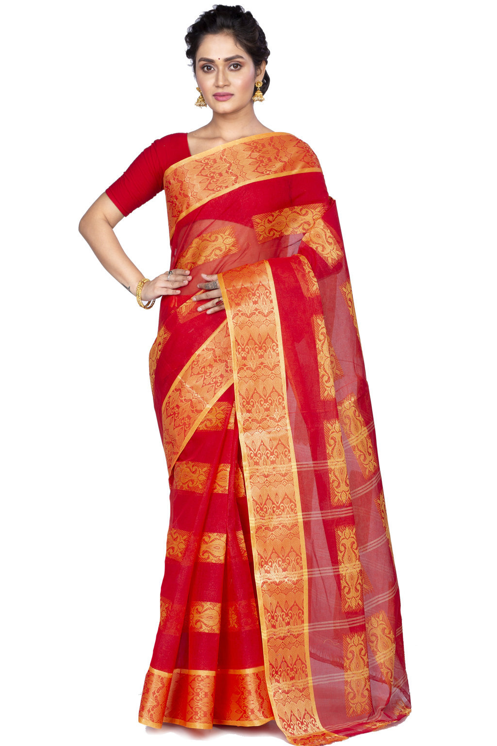 Red Pure Cotton Strip Suparna Tant Saree (165)