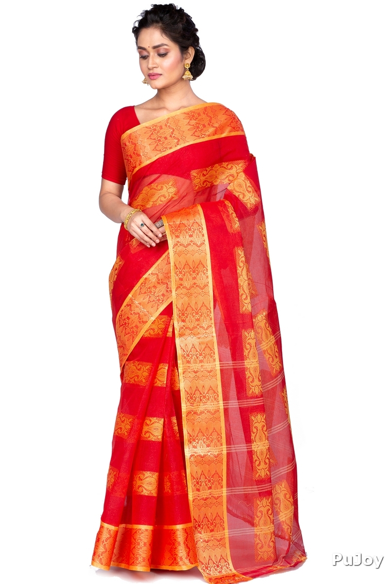 Red Pure Cotton Strip Suparna Tant Saree (165)