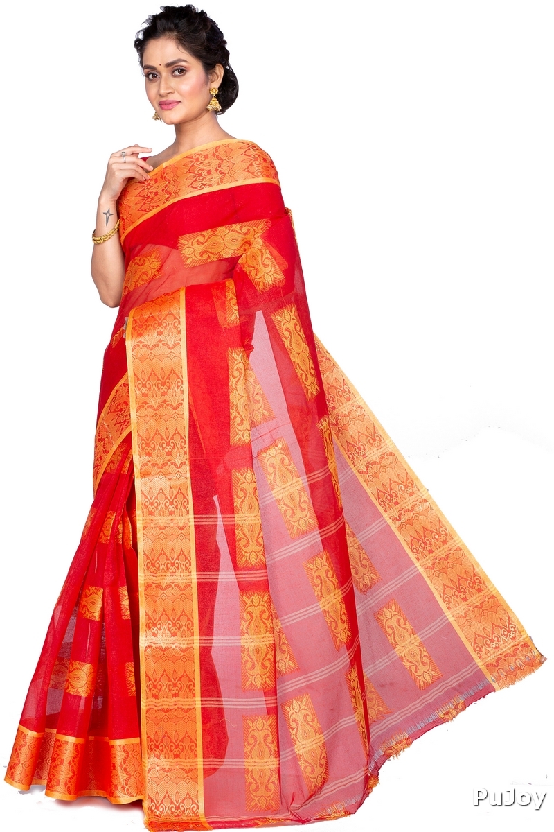 Red Pure Cotton Strip Suparna Tant Saree (165)