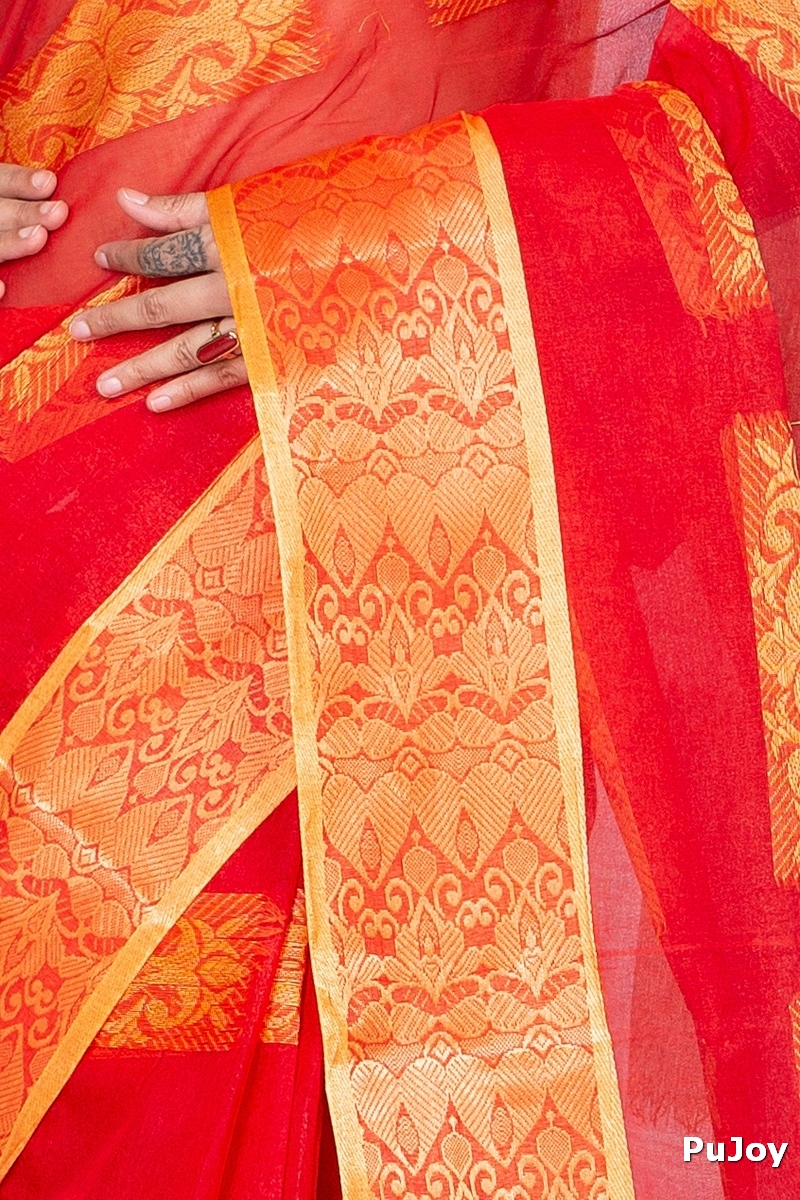 Red Pure Cotton Strip Suparna Tant Saree (165)