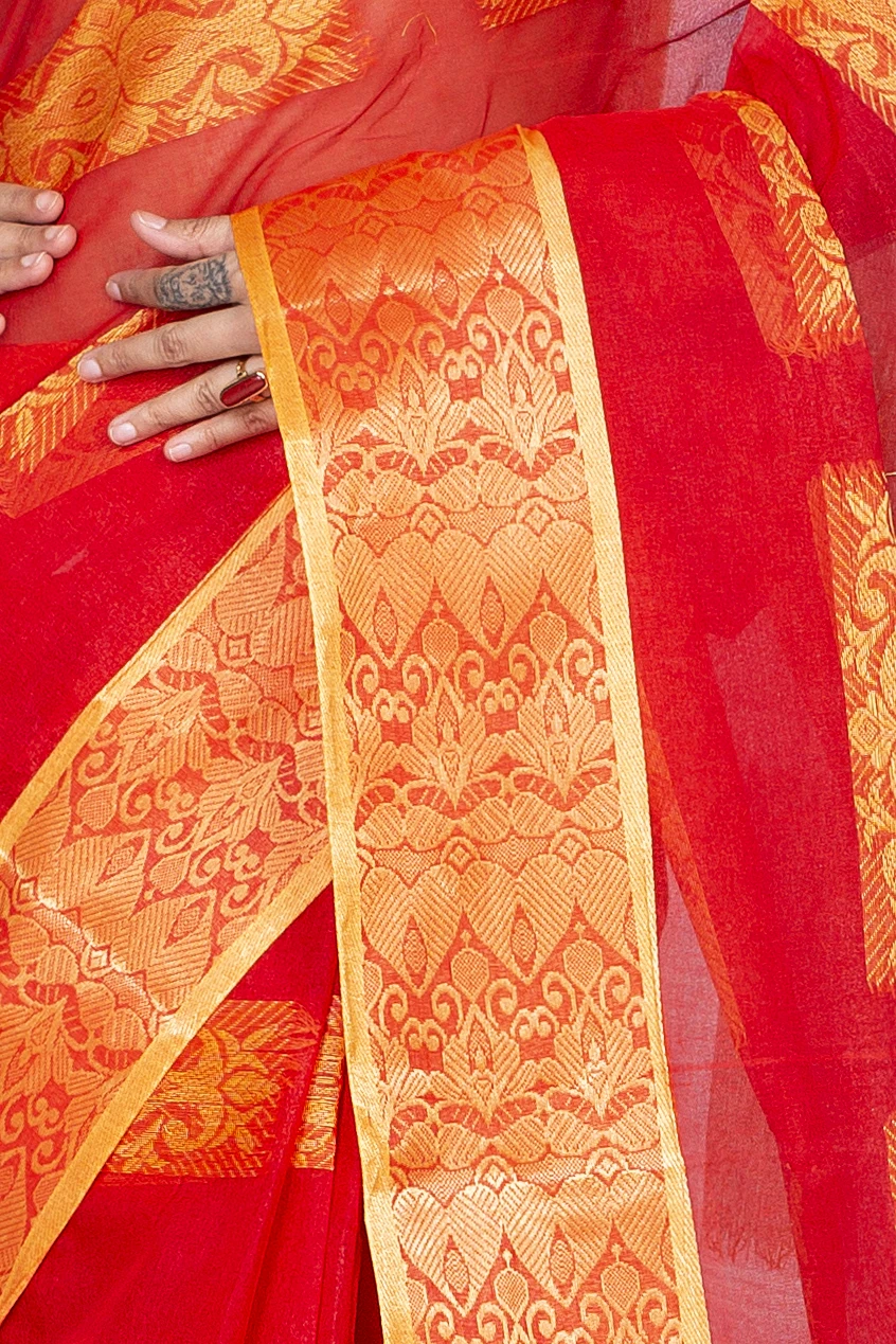 Red Pure Cotton Strip Suparna Tant Saree (165)