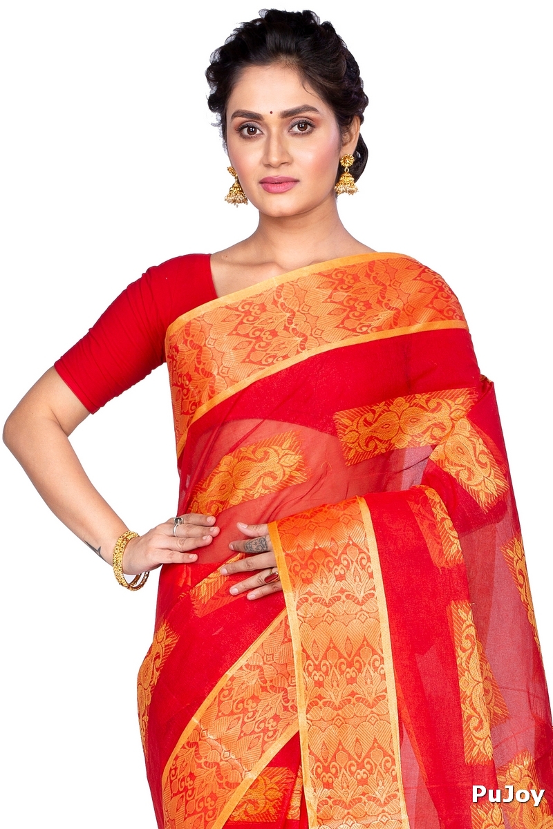 Red Pure Cotton Strip Suparna Tant Saree (165)