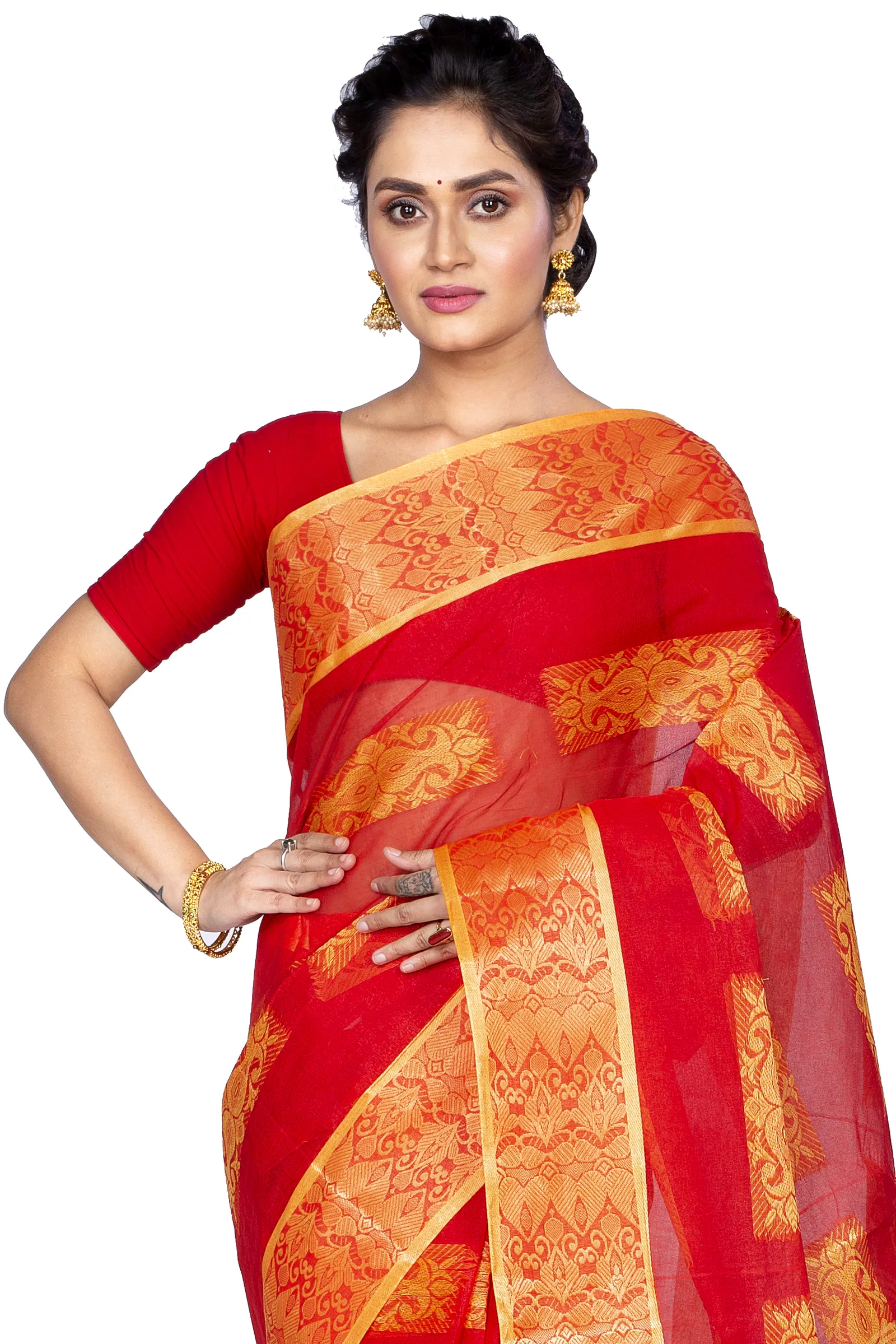 Red Pure Cotton Strip Suparna Tant Saree (165)