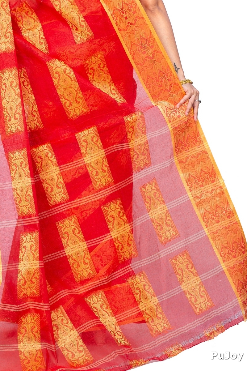 Red Pure Cotton Strip Suparna Tant Saree (165)