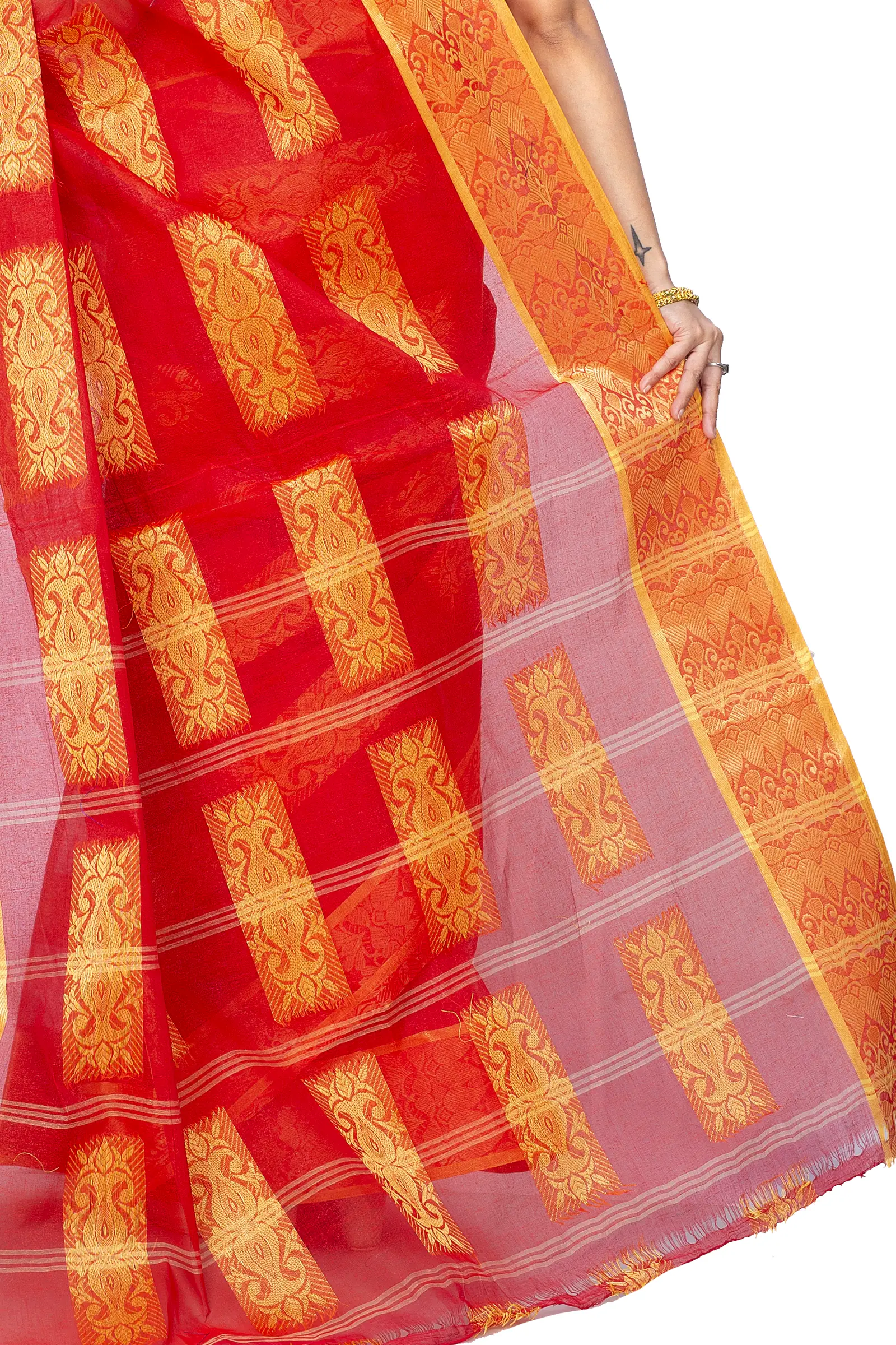 Red Pure Cotton Strip Suparna Tant Saree (165)