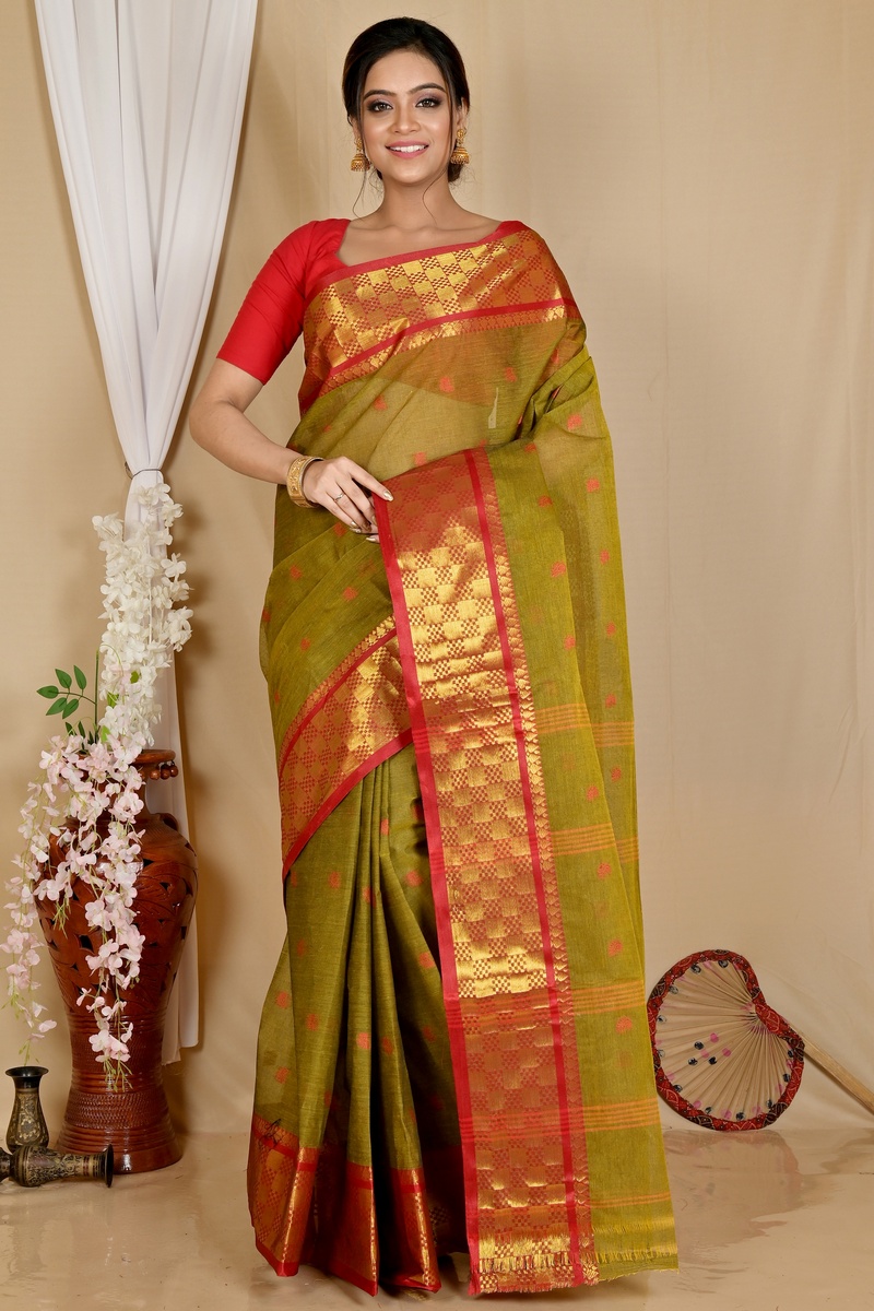 Olive Green Pure Cotton Atula Tant Saree (1650)