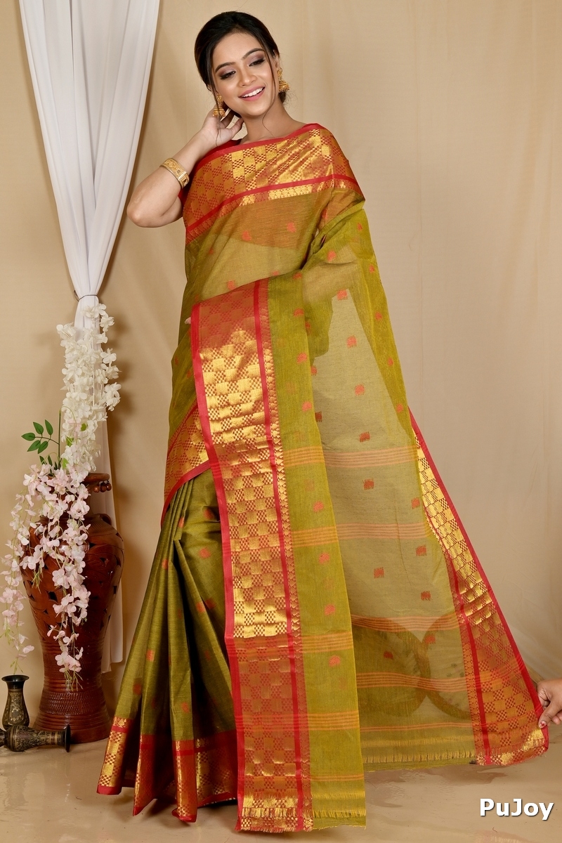 Olive Green Pure Cotton Atula Tant Saree (1650)