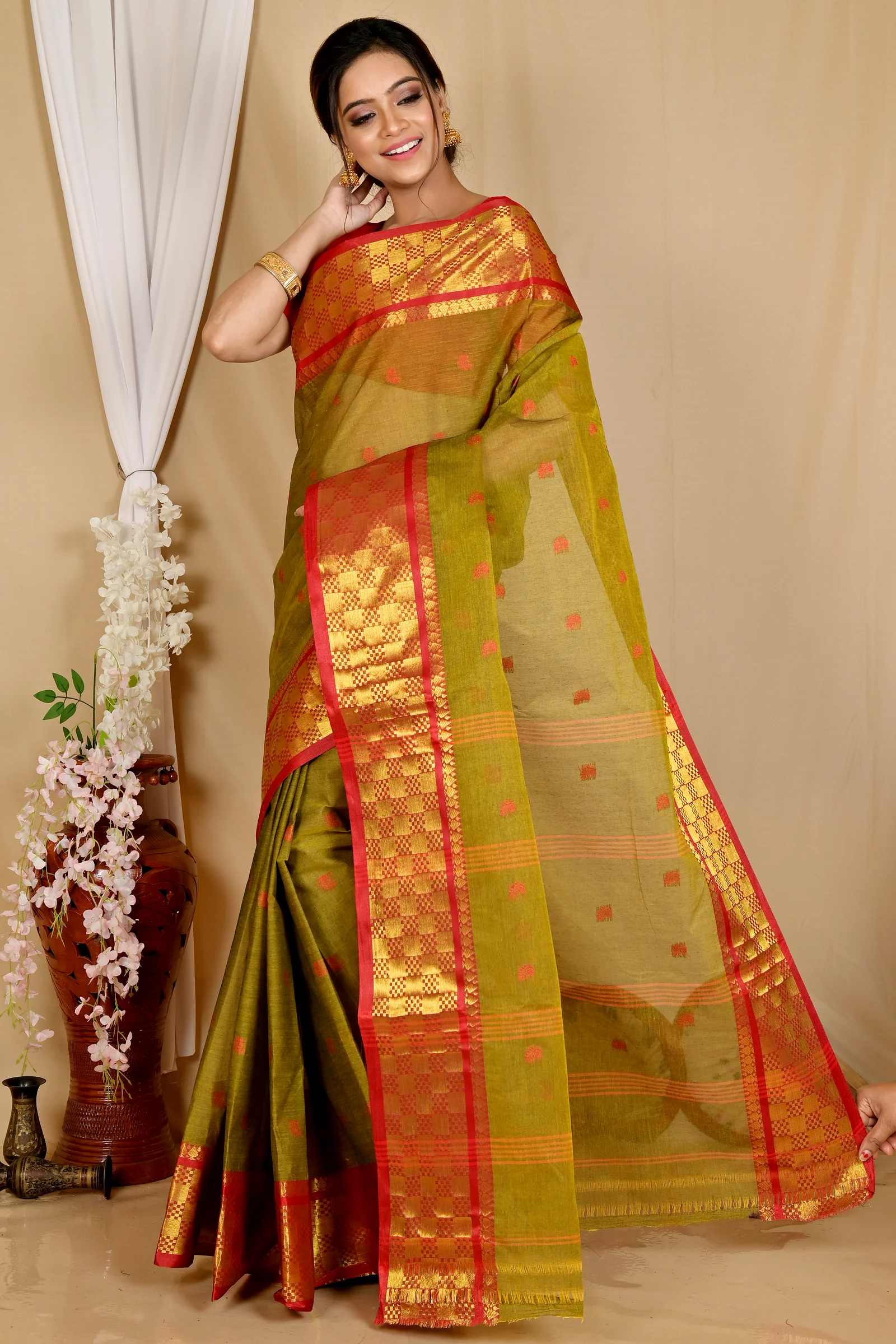 Olive Green Pure Cotton Atula Tant Saree (1650)