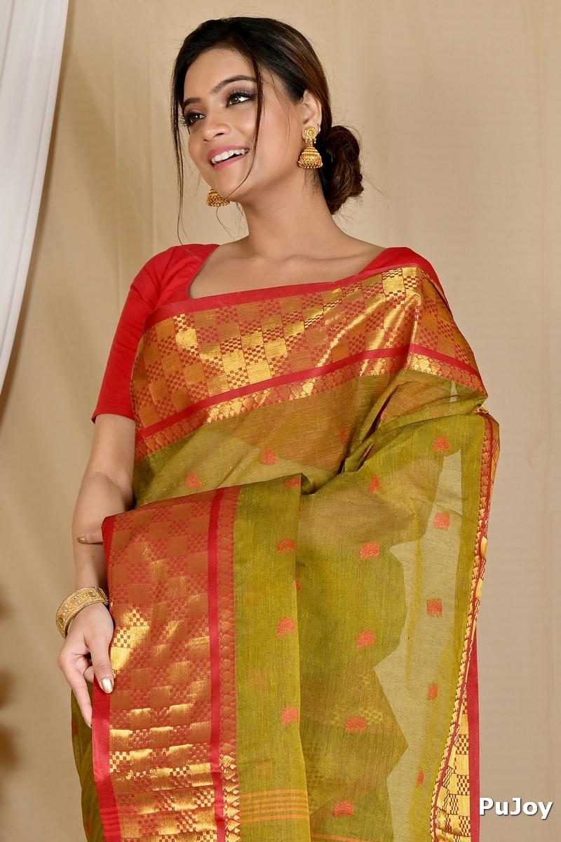 Olive Green Pure Cotton Atula Tant Saree (1650)