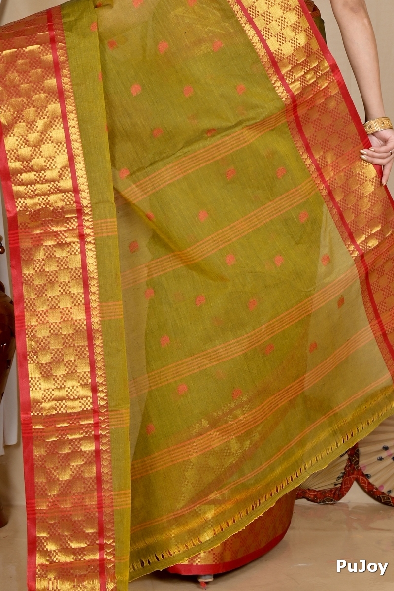 Olive Green Pure Cotton Atula Tant Saree (1650)