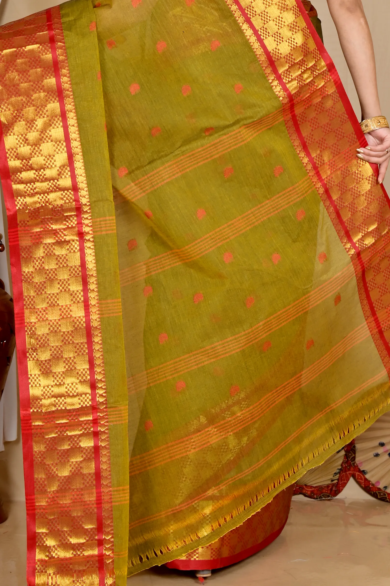 Olive Green Pure Cotton Atula Tant Saree (1650)