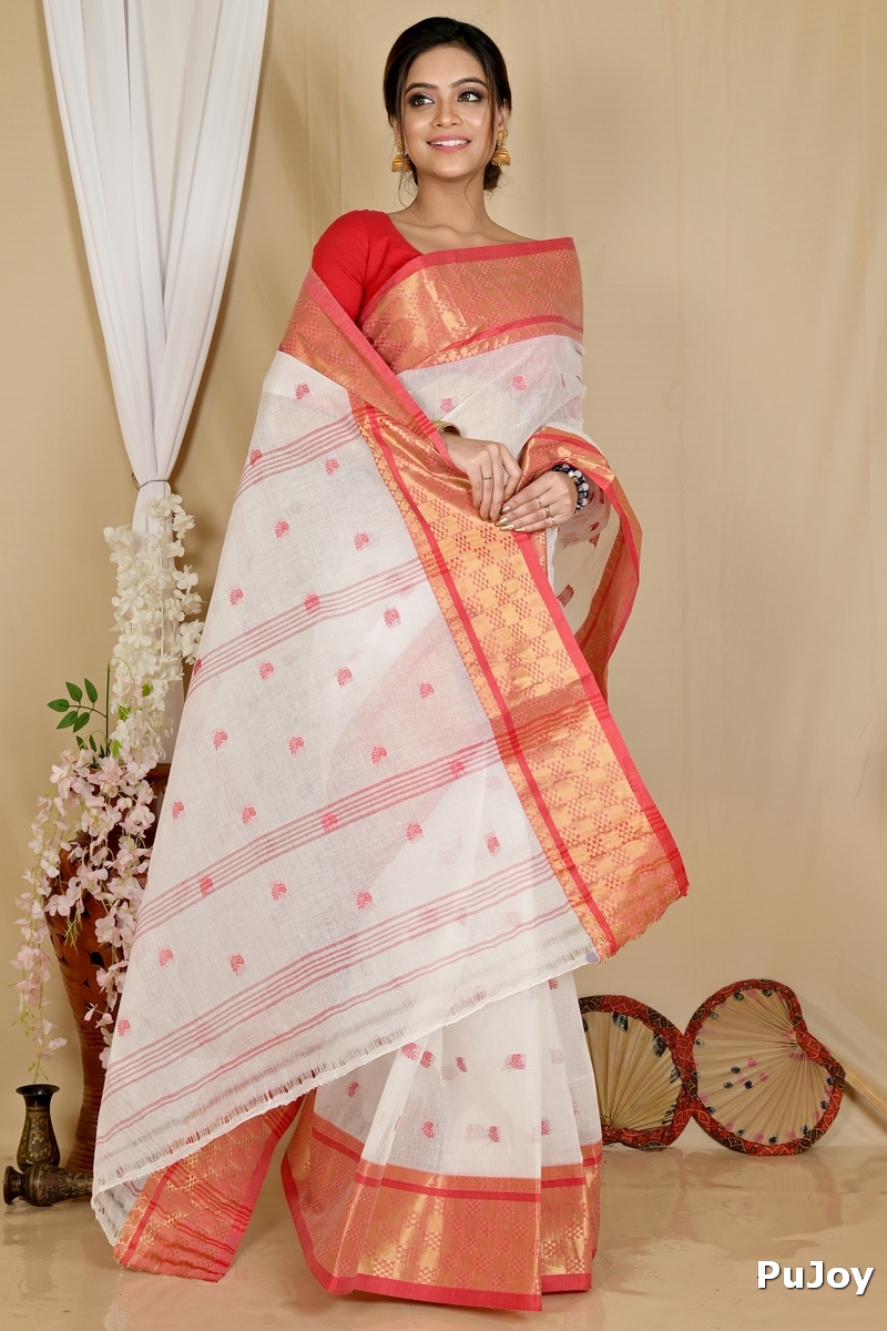 White Red Pure Cotton Atula Tant Saree (1651)