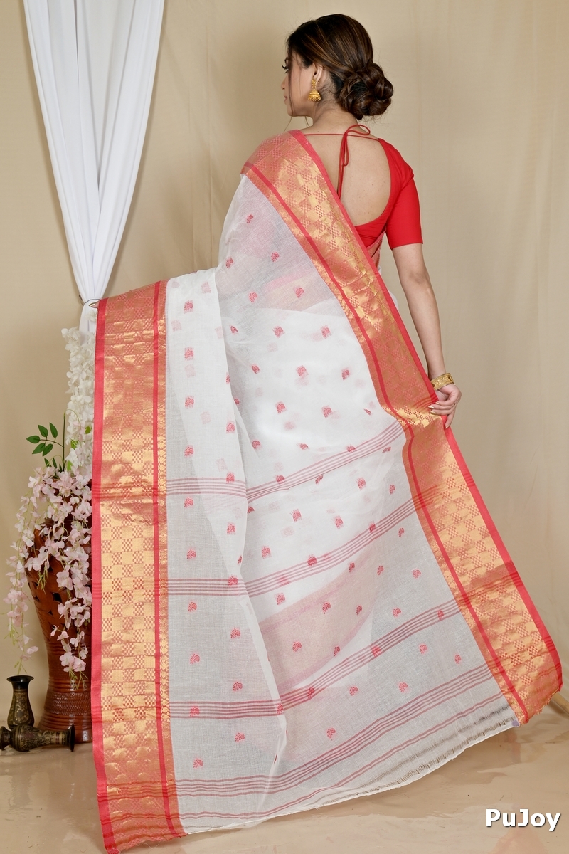 White Red Pure Cotton Atula Tant Saree (1651)