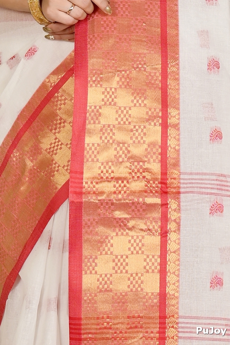 White Red Pure Cotton Atula Tant Saree (1651)