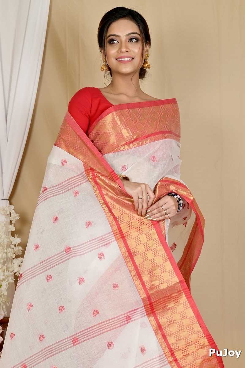 White Red Pure Cotton Atula Tant Saree (1651)