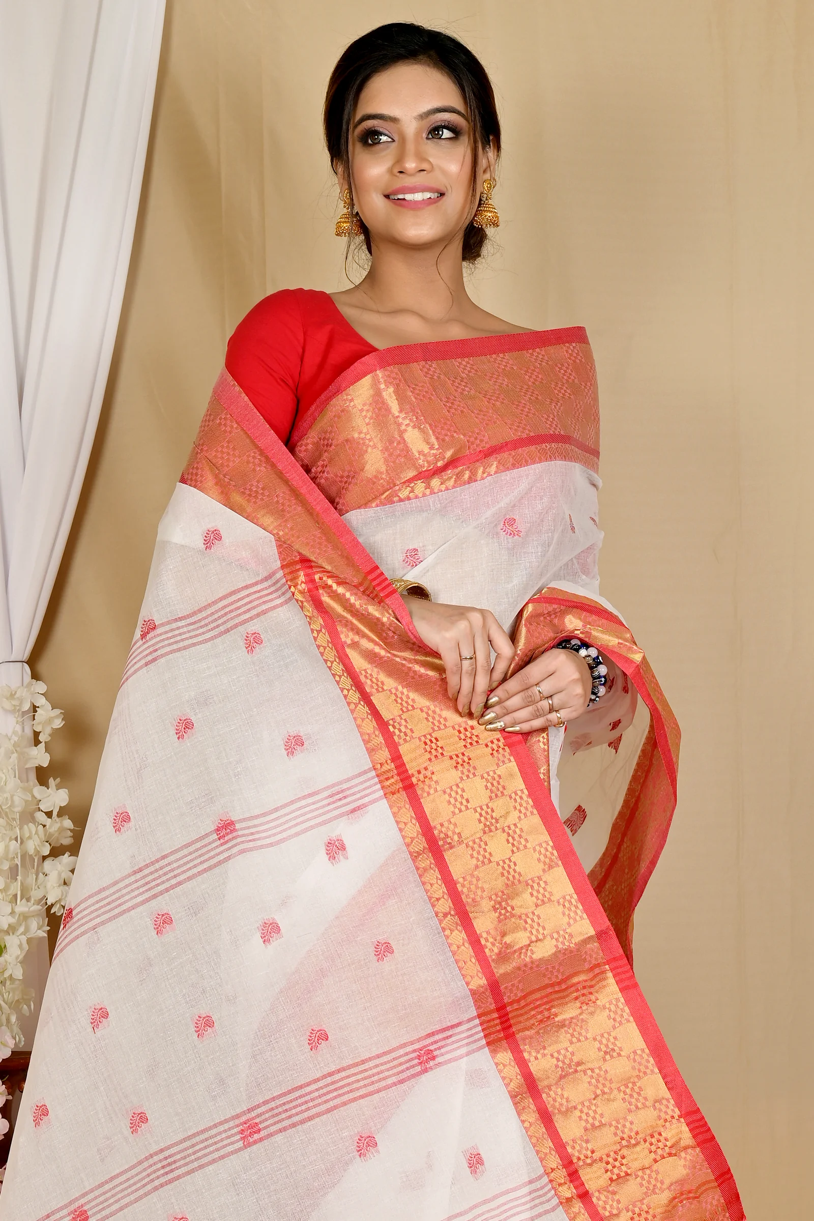 White Red Pure Cotton Atula Tant Saree (1651)