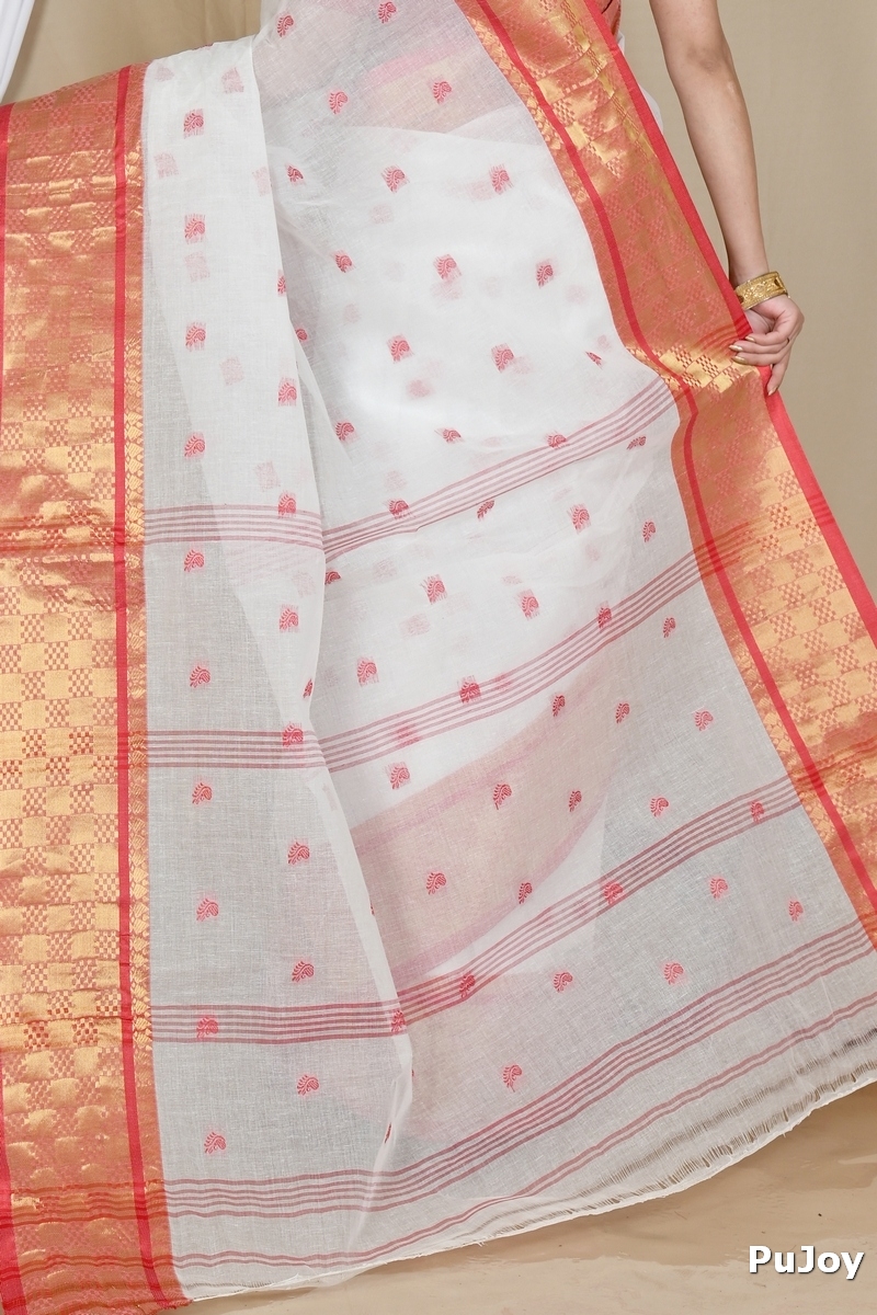 White Red Pure Cotton Atula Tant Saree (1651)