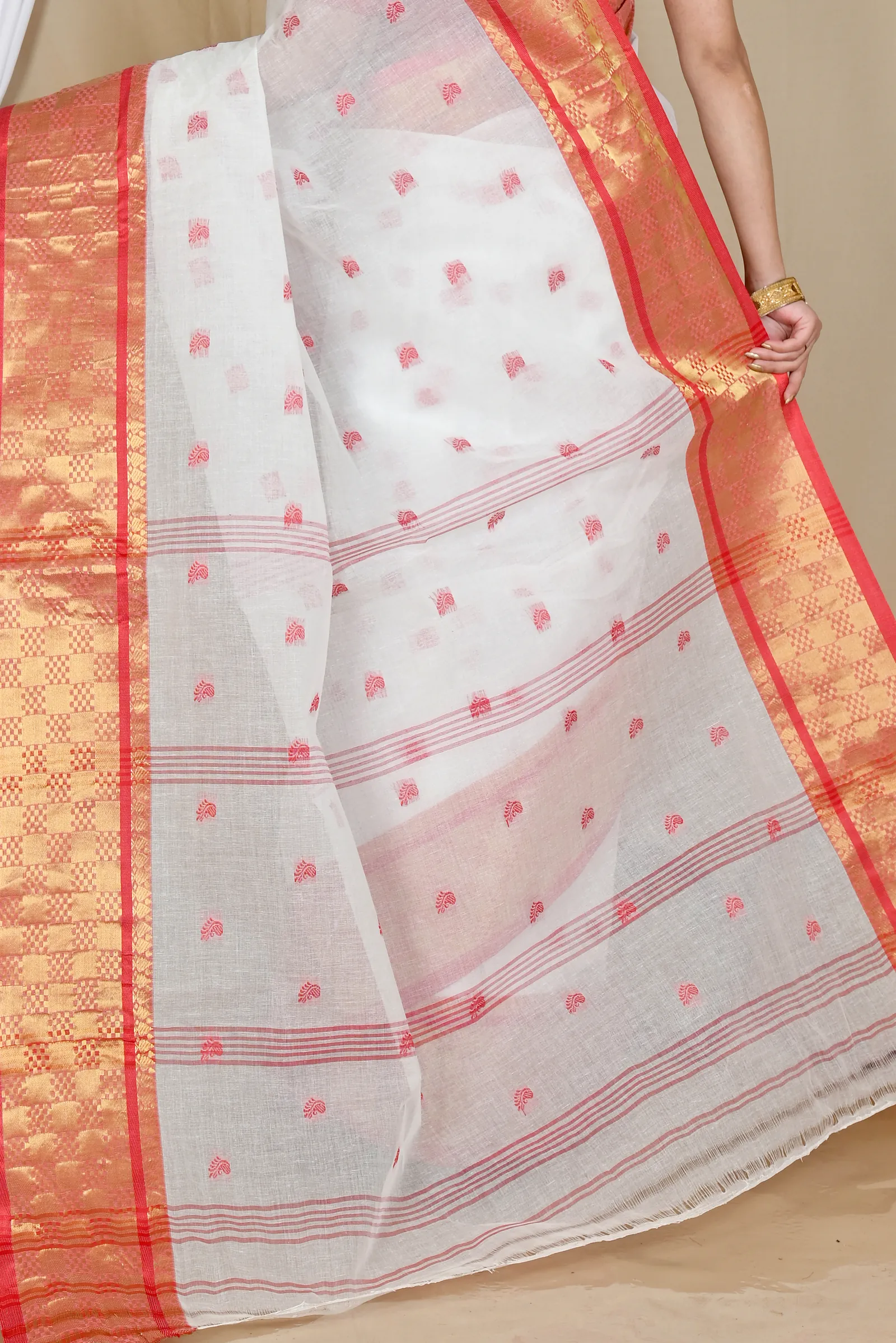 White Red Pure Cotton Atula Tant Saree (1651)