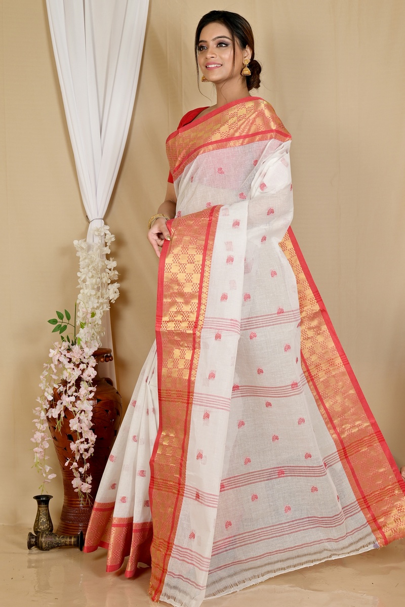 White Red Pure Cotton Atula Tant Saree (1651)