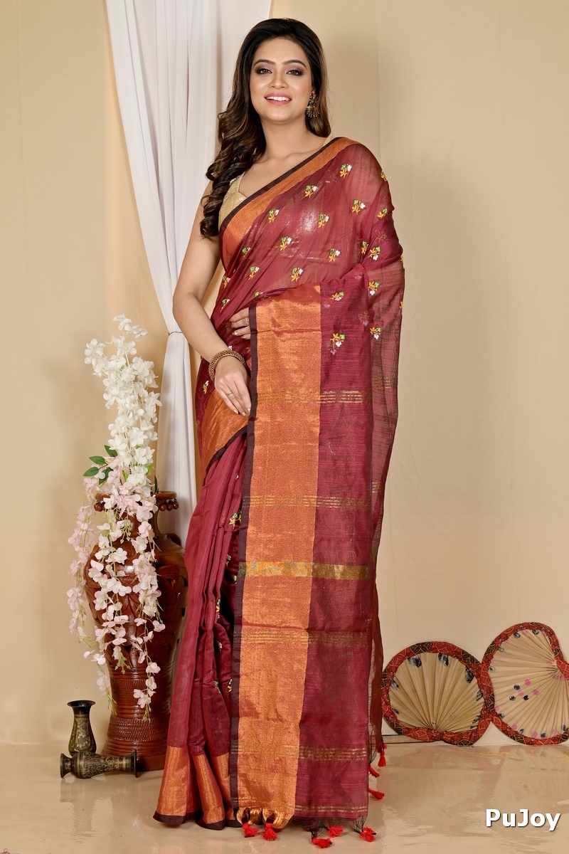 Brown Blended Cotton Slabaka Moli Hand Loom Saree (1652)