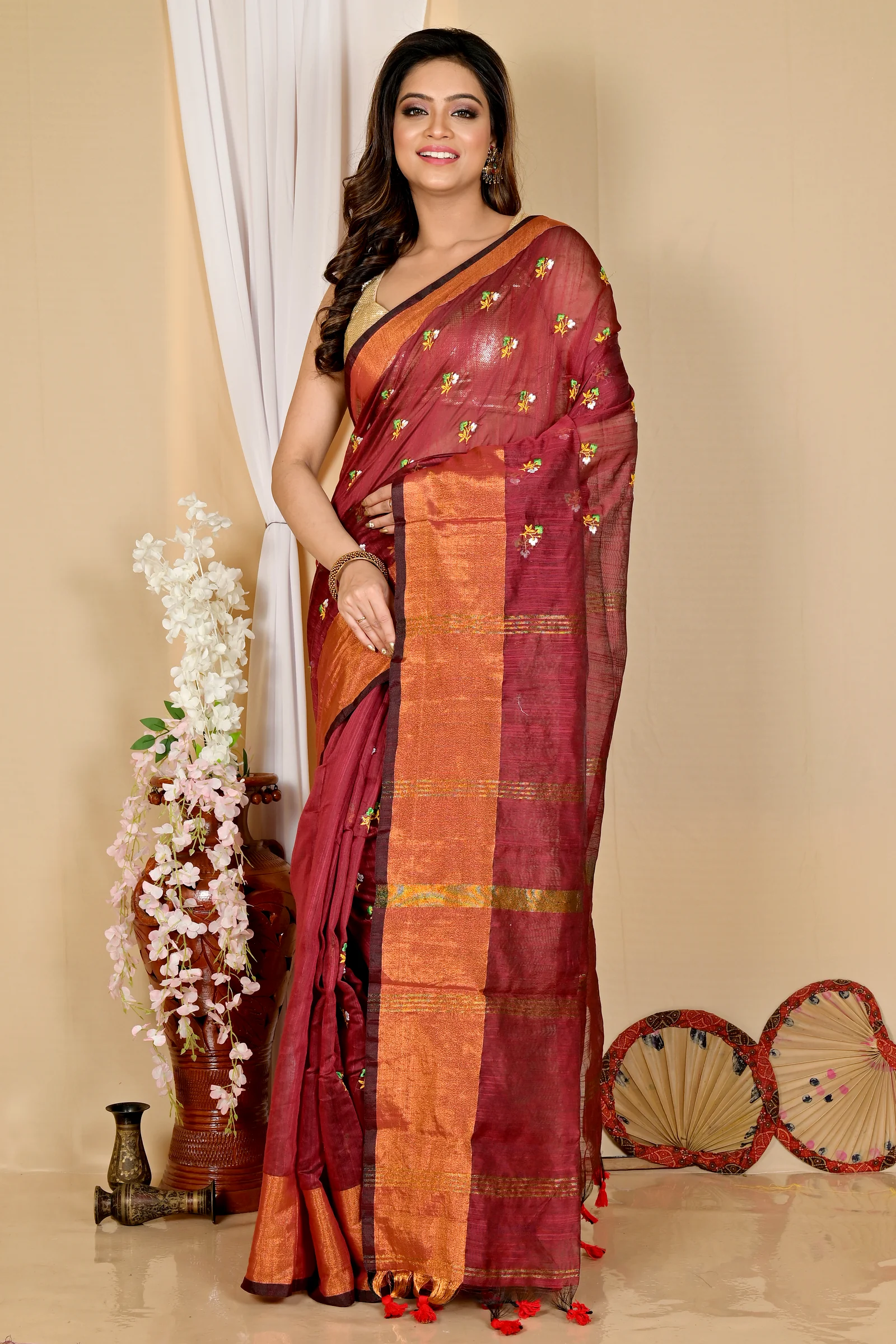 Brown Blended Cotton Slabaka Moli Hand Loom Saree (1652)