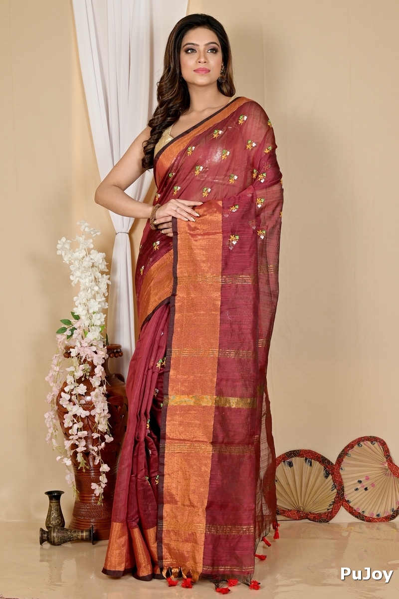 Brown Blended Cotton Slabaka Moli Hand Loom Saree (1652)