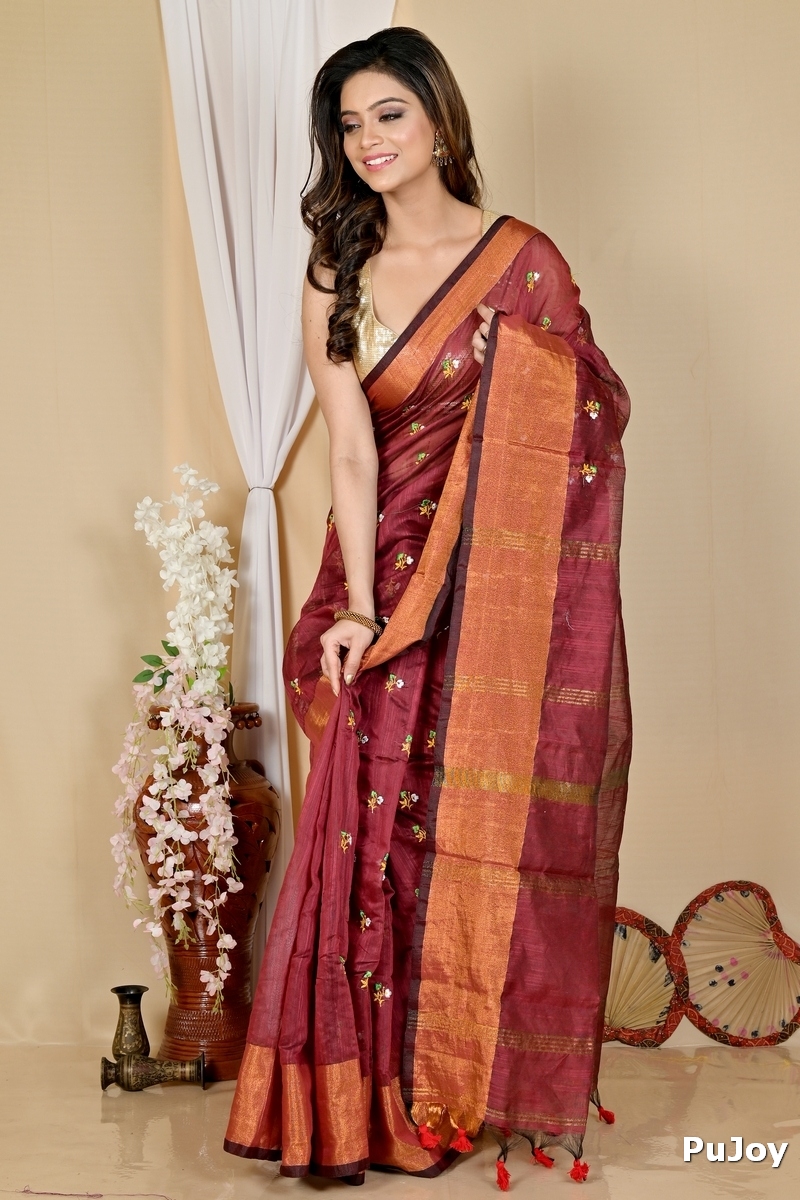 Brown Blended Cotton Slabaka Moli Hand Loom Saree (1652)