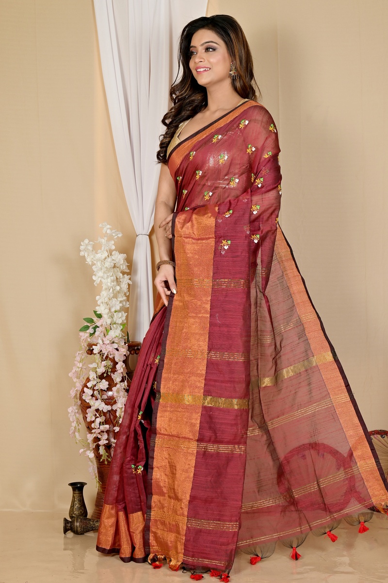 Brown Blended Cotton Slabaka Moli Hand Loom Saree (1652)