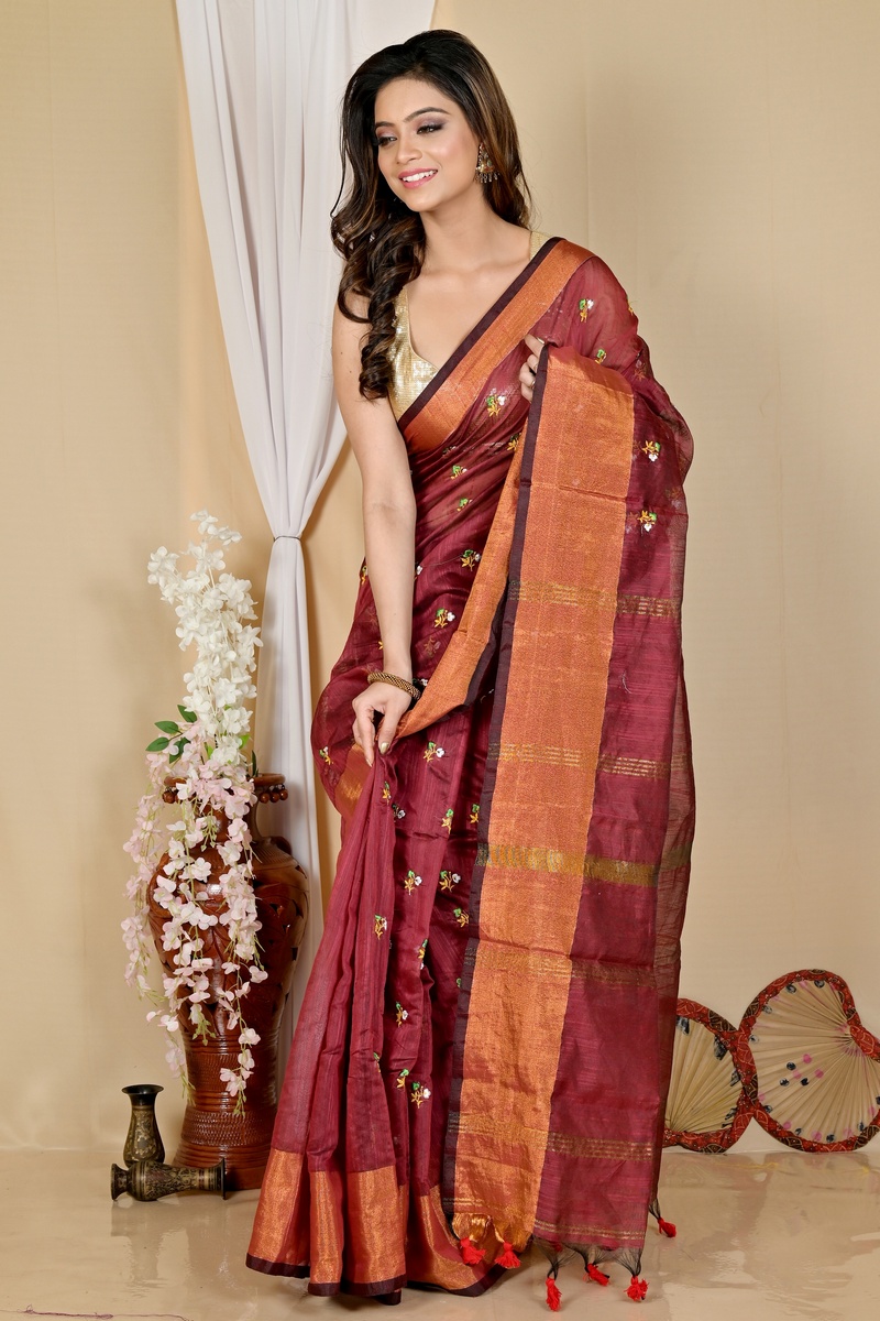 Brown Blended Cotton Slabaka Moli Hand Loom Saree (1652)