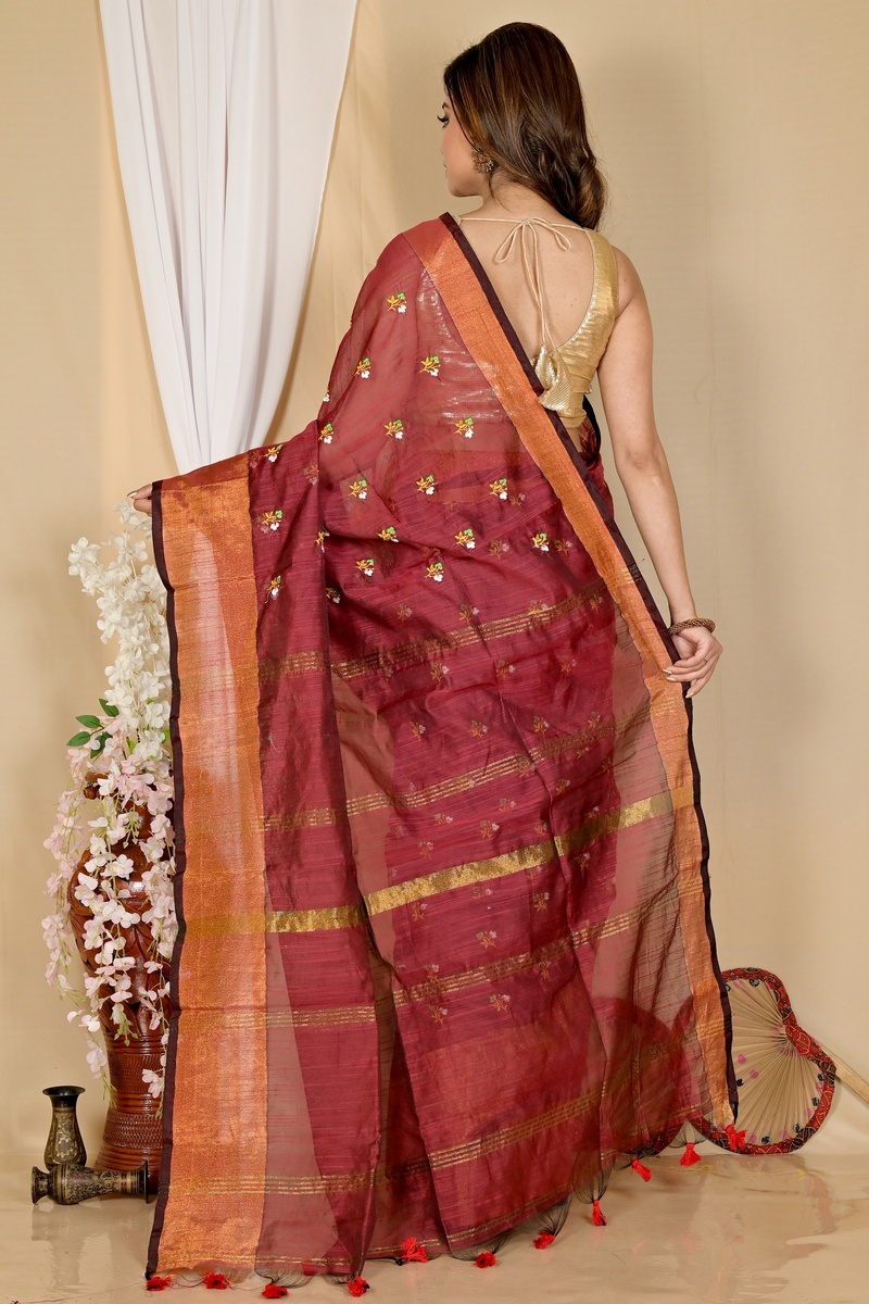 Brown Blended Cotton Slabaka Moli Hand Loom Saree (1652)