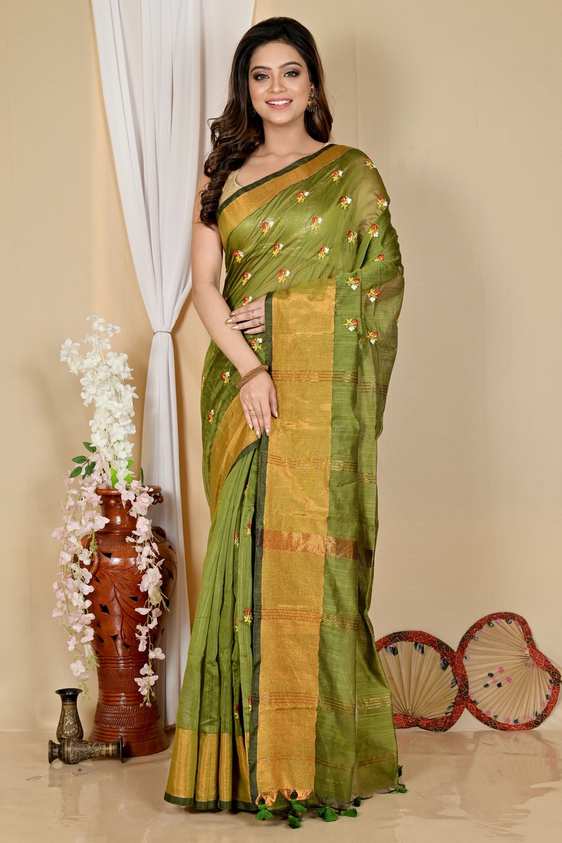 Dark Green Blended Cotton Slabaka Moli Hand Loom Saree (1653)