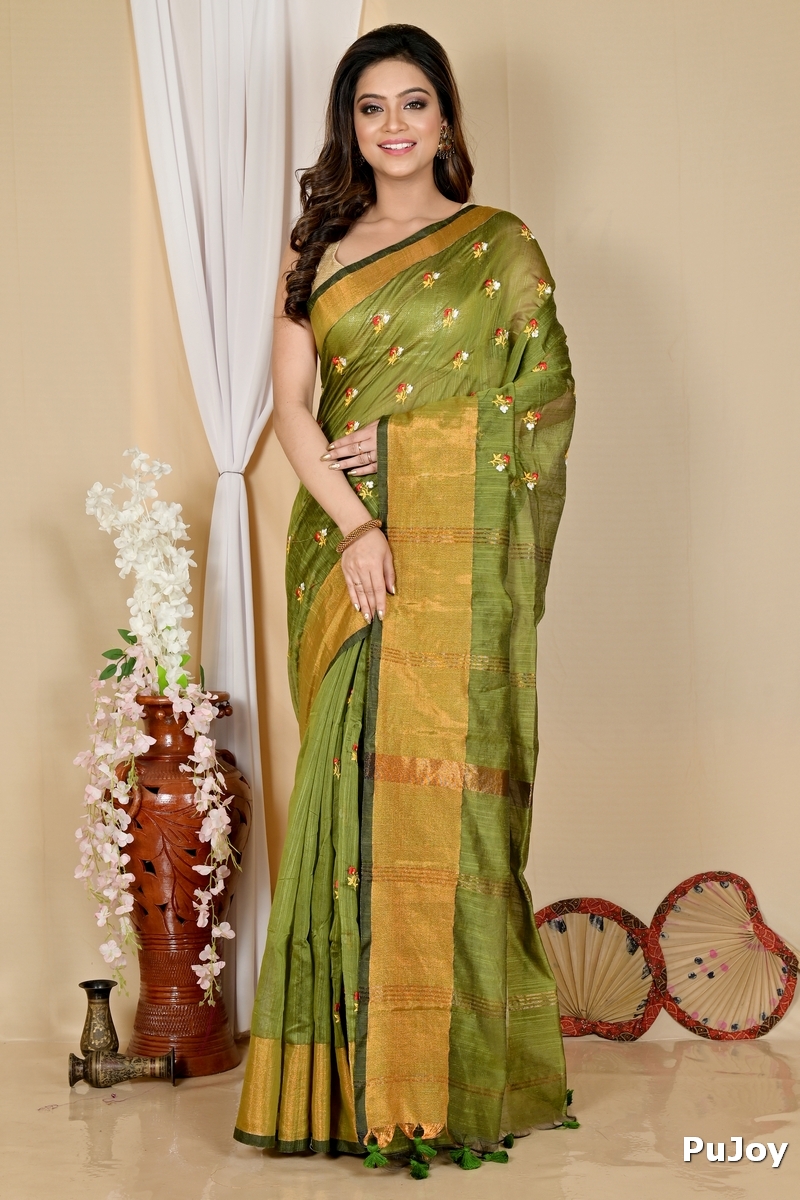 Dark Green Blended Cotton Slabaka Moli Hand Loom Saree (1653)