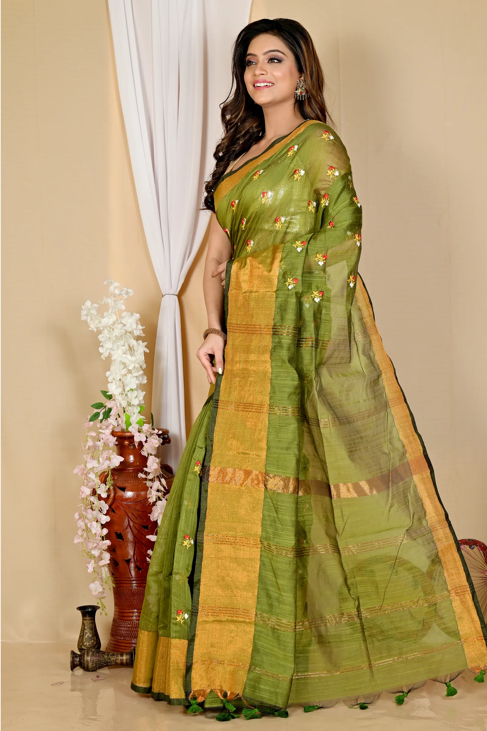 Dark Green Blended Cotton Slabaka Moli Hand Loom Saree (1653)
