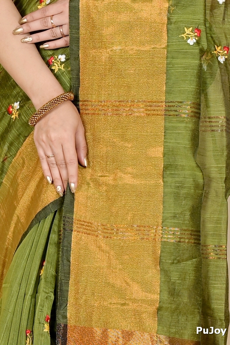 Dark Green Blended Cotton Slabaka Moli Hand Loom Saree (1653)