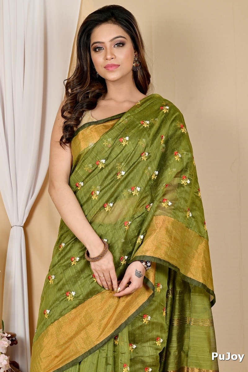 Dark Green Blended Cotton Slabaka Moli Hand Loom Saree (1653)