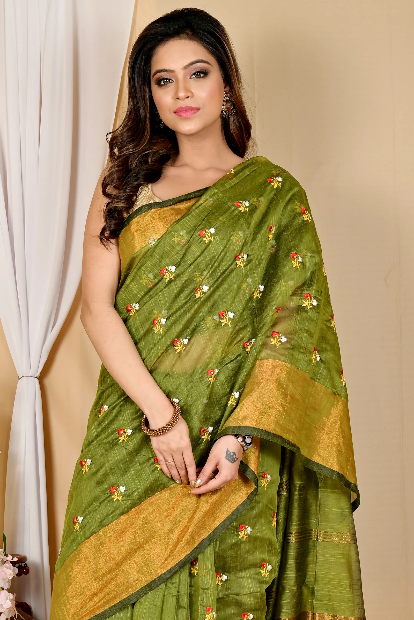 Dark Green Blended Cotton Slabaka Moli Hand Loom Saree (1653)