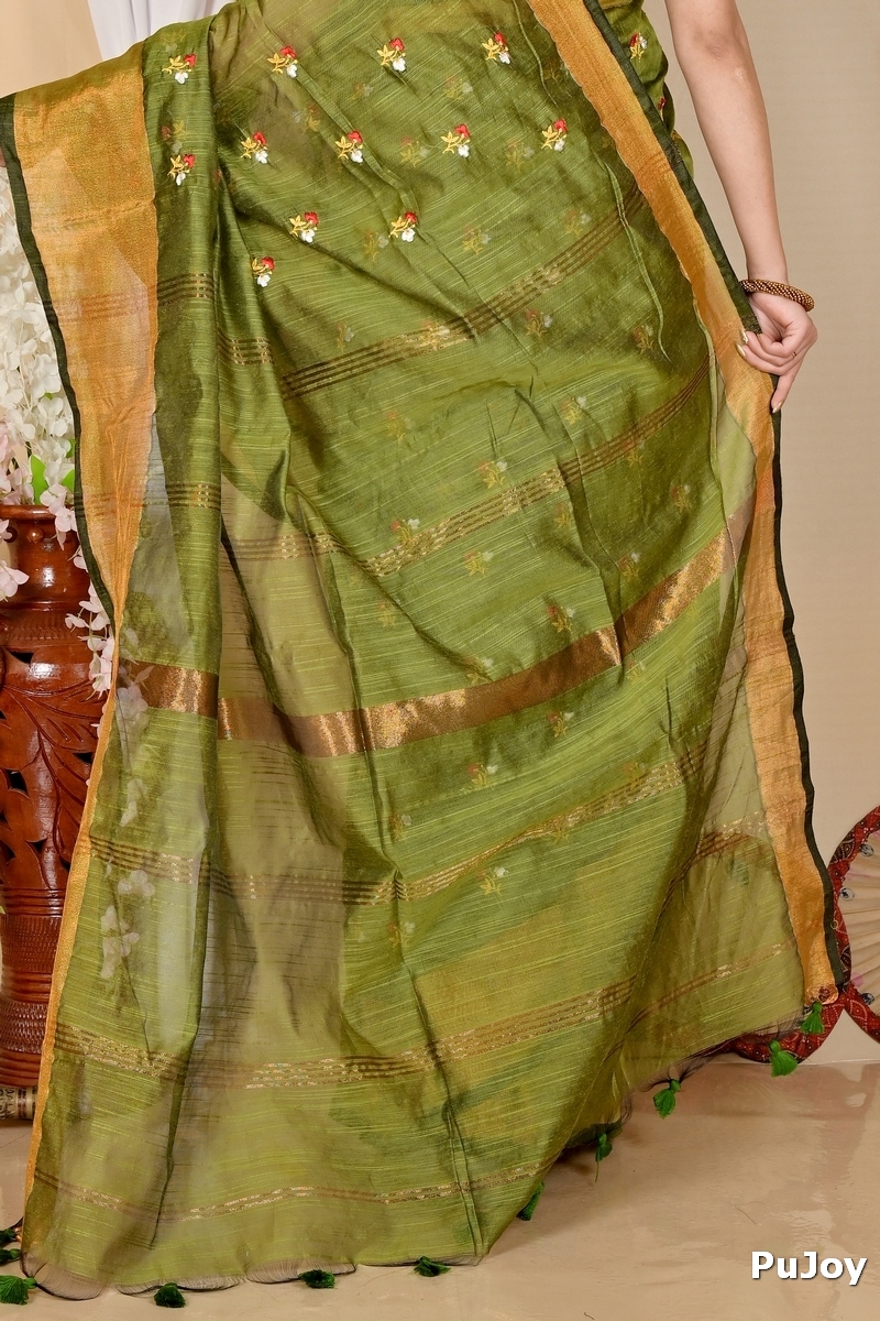 Dark Green Blended Cotton Slabaka Moli Hand Loom Saree (1653)