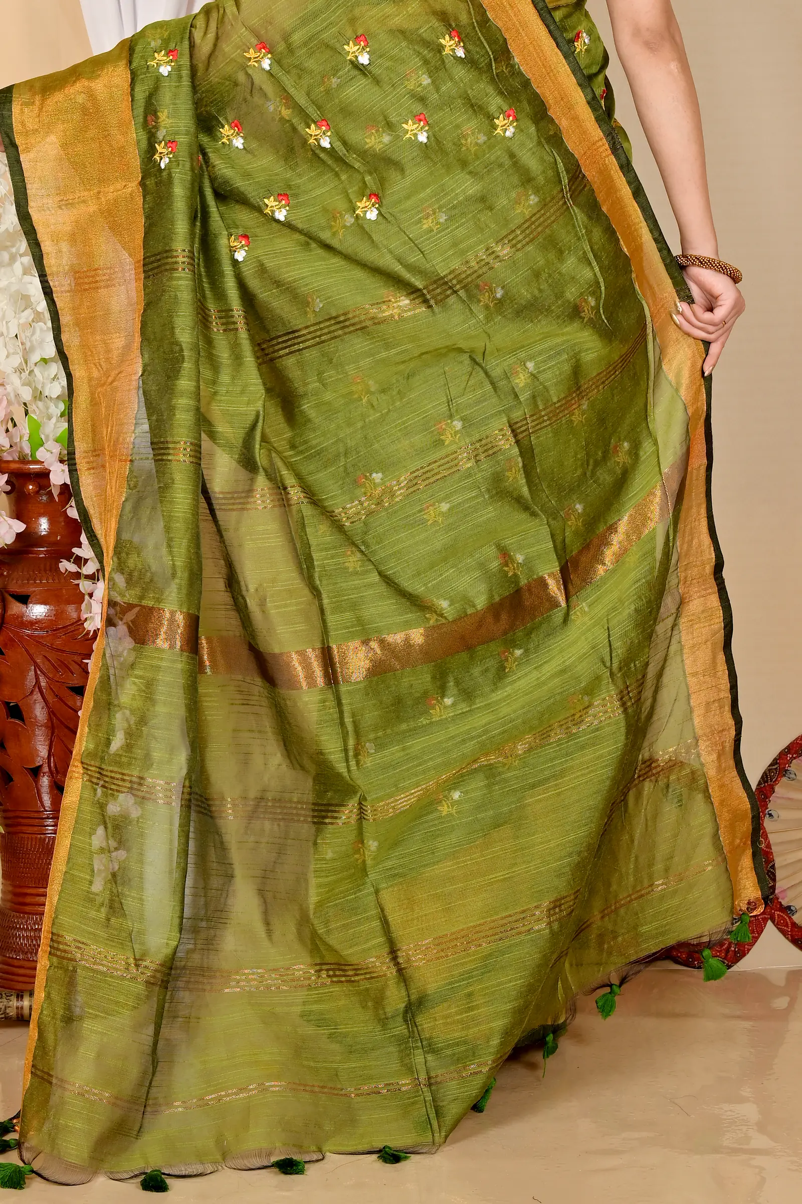 Dark Green Blended Cotton Slabaka Moli Hand Loom Saree (1653)