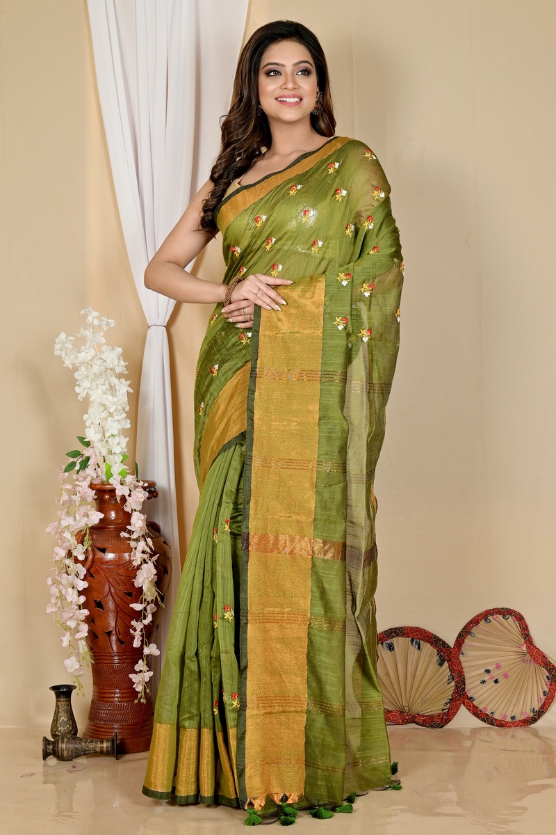 Dark Green Blended Cotton Slabaka Moli Hand Loom Saree (1653)