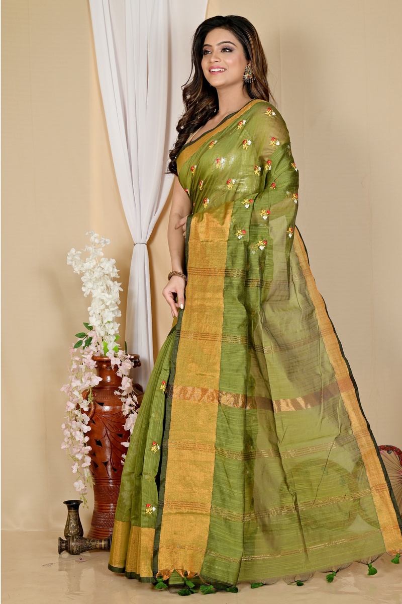 Dark Green Blended Cotton Slabaka Moli Hand Loom Saree (1653)