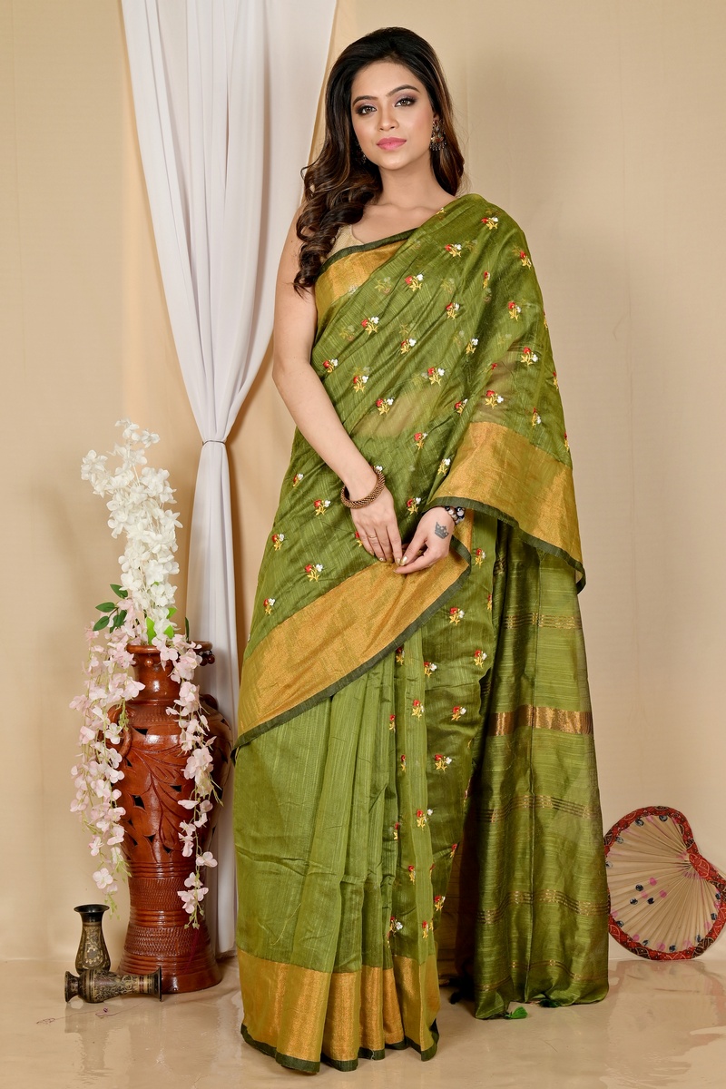 Dark Green Blended Cotton Slabaka Moli Hand Loom Saree (1653)