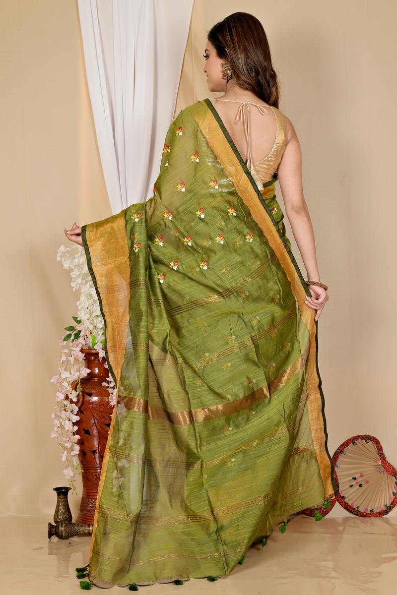 Dark Green Blended Cotton Slabaka Moli Hand Loom Saree (1653)