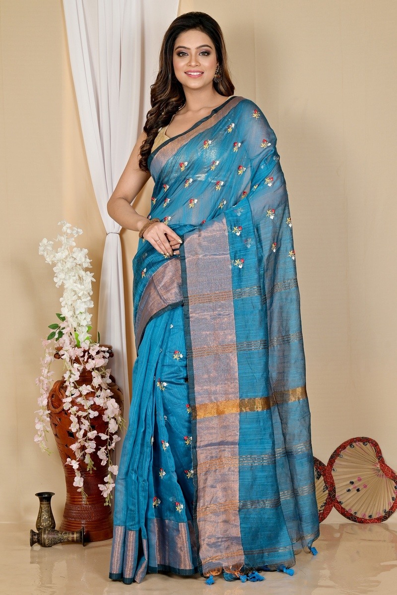 Blue Blended Cotton Slabaka Moli Hand Loom Saree (1654)