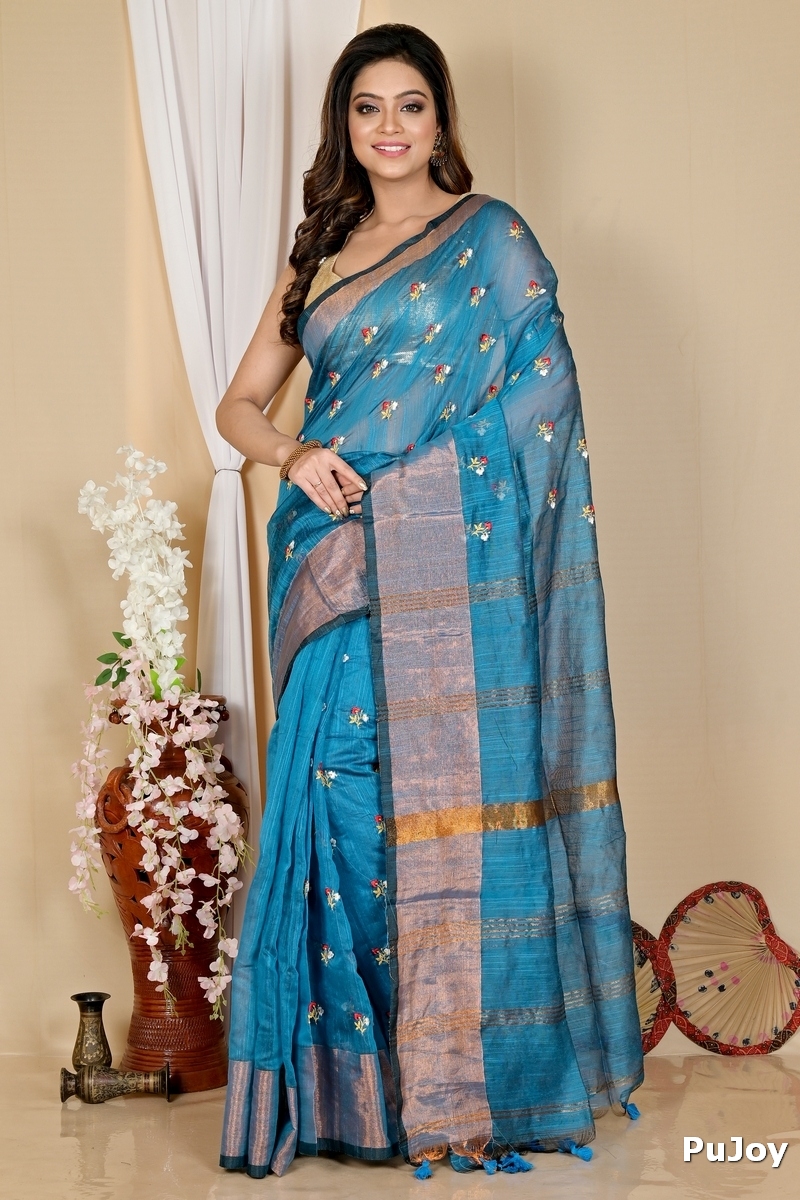 Blue Blended Cotton Slabaka Moli Hand Loom Saree (1654)