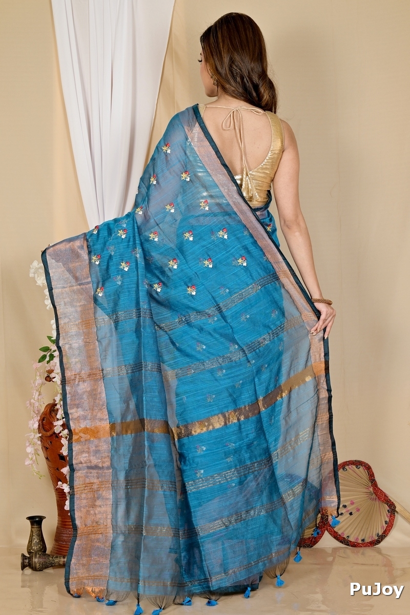 Blue Blended Cotton Slabaka Moli Hand Loom Saree (1654)
