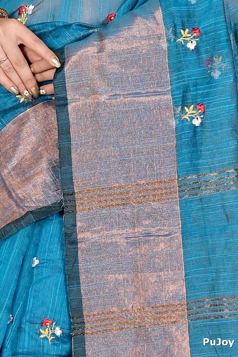 Blue Blended Cotton Slabaka Moli Hand Loom Saree (1654)